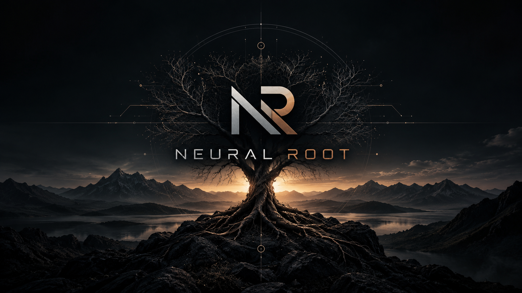 Neural Root: monograma NR y árbol de raíces neuronales